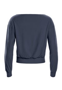 Marineblaue Langarmbluse mit lockerer Passform, rundem Ausschnitt und gerafftem Saum. Glatter, weicher Stoff mit gerippten Bündchen.