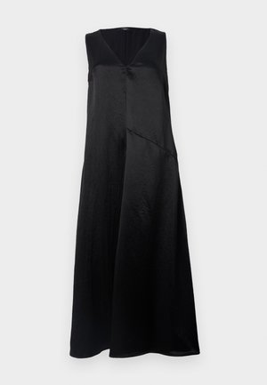 Schwarzes ärmelloses Kleid mit V-Ausschnitt, aus glattem Stoff gefertigt, bietet eine legere Passform und ein asymmetrisches Saaldetail. Dezenter Glanz sichtbar.