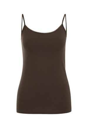 Bruine damescamisole met smalle spaghetti-bandjes en een ronde halslijn op een witte achtergrond.