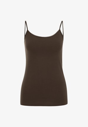 Hnedé priliehavé tielko pre ženy s tenkými špagetovými ramienkami a zaobleným výstrihom na bielom pozadí.