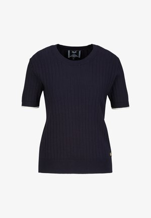 Marineblauwe korte mouwen trui, ribbelstructuur, ronde halslijn, contrasterende witte afwerking bij de manchetten, klein gouden logo detail aan de onderkant.