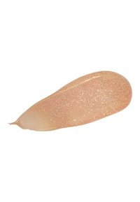 Gel beige con fine brillanti dorati, texture liscia, forma allungata a goccia, che mischia aree opache e trasparenti su uno sfondo bianco.