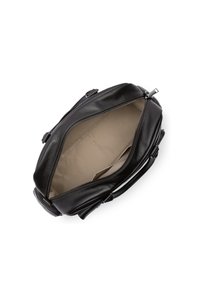 Borsa in pelle nera con chiusura a zip, dotata di una fodera interna beige e una singola tasca. Texture liscia e design strutturato.