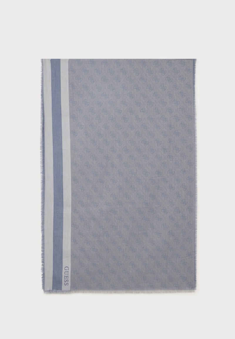 Écharpe rectangulaire bleu clair avec motif subtil et rayures verticales blanches et bleu plus foncé sur un côté, avec le logo GUESS.