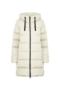 Giacca puffer color crema con cappuccio, dotata di zip frontale, lacci neri e sezioni imbottite orizzontali per l'isolamento.