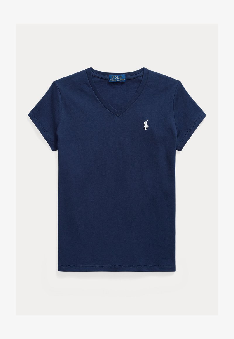 Marineblå kortærmet V-hals T-shirt med en lille hvid broderet Polo Ralph Lauren-logo på venstre bryst.