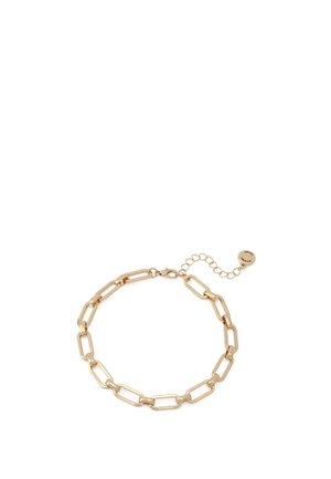 Bracelet chaîne en métal doré avec des maillons rectangulaires allongés, extension de chaîne réglable avec une fermeture à clip, texture lisse et finition polie.