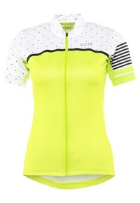 Maillot de ciclismo de manga corta en amarillo neón, con una sección superior de lunares blancos, acentos de rayas horizontales negras y una cremallera frontal.