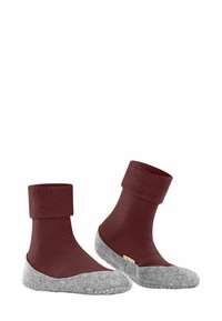 Burgunderfarbene Textilsocken mit einem gerippten Schaft und grauen Filzsohlen. Sie verfügen über eine glatte Textur, kontrastierende Farben und ein dezentes Logodetail.