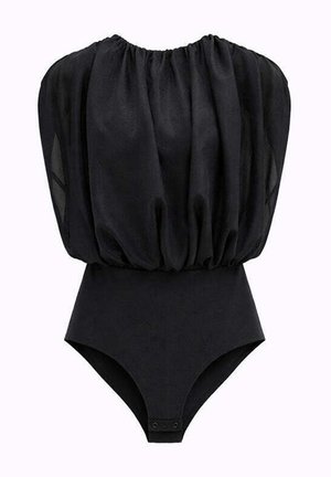Body nero senza maniche con top in chiffon arricciato e voluminoso e parte inferiore aderente elasticizzata con chiusure a scatto.