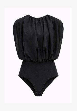 Body nero senza maniche con top in chiffon arricciato e voluminoso e parte inferiore aderente elasticizzata con chiusure a scatto.