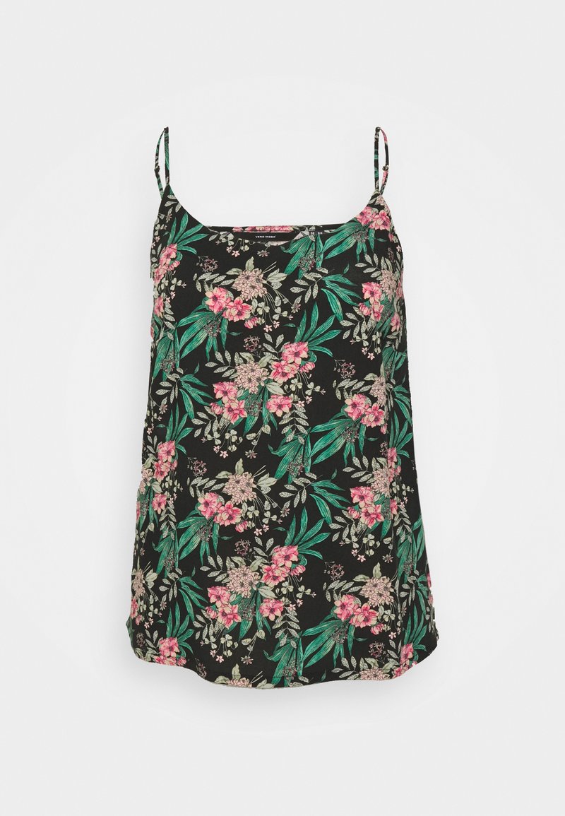 Top de alças finas preto com padrão floral, apresentando flores em tons de rosa e verde, tecido leve e ajuste solto.