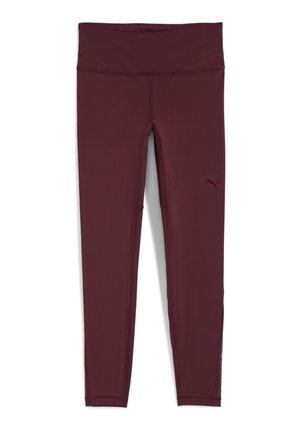 Maroon athletic leggings with a high waistband, made of stretchy fabric. Features a small Puma logo on the left side. Smooth texture.