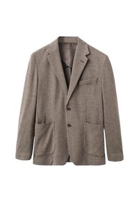Blazer a motivo houndstooth marrone realizzato in tessuto texturizzato, con due tasche anteriori a toppa, una tasca sul petto e rever a punta.