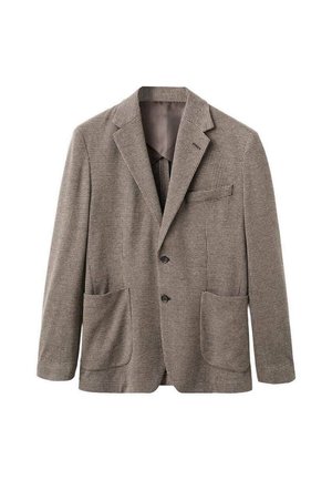 Brązowa marynarka w wzór houndstooth, wykonana z teksturowanej tkaniny, z dwiema przednimi kieszeniami naszytymi, jedną kieszenią na piersi oraz klapami wyciętymi.