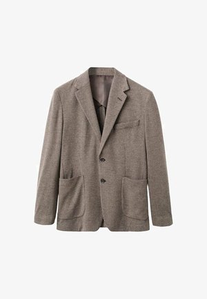Hnedý houndstooth blazer vyrobený z textúrovanej látky, s dvoma prednými našitými vreckami, jedným vreckom na hrudi a s klopovým golierom.