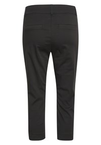 Pantalon noir raccourci avec une taille ajustée, deux poches arrière, texture lisse et un design simple. Pas de motifs ou d'ornements visibles.