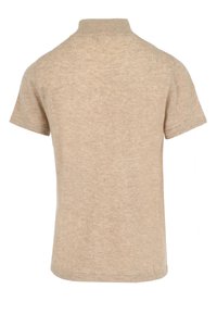 Short-sleeve beige polo shirt with a textured fabric, featuring a ribbed collar and a straight hem, showcasing a simple, classic design.