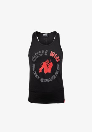Black sleeveless tank top featuring a circular red graphic with a gorilla silhouette and "GORILLA WEAR" text. Made of cotton.