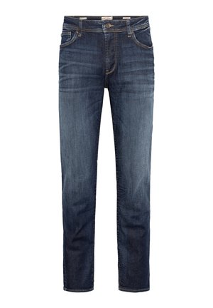 Mørkeblå denim jeans med rett bein-design, fem lommer og en tradisjonell glidelås-/knapplukking. Subtil fading og kontraststing.