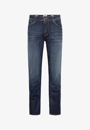 Mørkeblå denim jeans med rett bein-design, fem lommer og en tradisjonell glidelås-/knapplukking. Subtil fading og kontraststing.