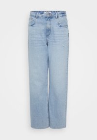 Jeans de tiro alto en un azul claro, fabricados en denim. Presentan un corte holgado, cinco bolsillos y un sutil desgastado en la parte frontal.