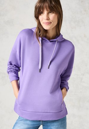 Purple hoodie with a drawstring hood, ribbed cuffs, and hem. Features a relaxed fit and kangaroo pocket. Fabric is smooth and slightly stretchy.