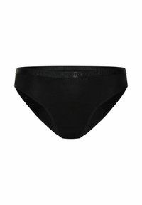 Culotte de bikini en coton noir avec une ceinture imprimée de logo. Le tissu est lisse et extensible, présentant un design classique de culotte.