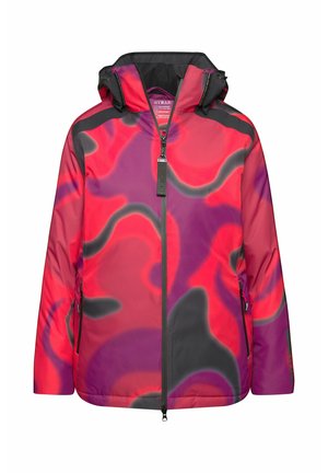 Chaqueta colorida con un patrón abstracto en espiral en rojo, rosa y negro. Fabricada con un material suave y resistente al agua, cuenta con bolsillos con cremallera.