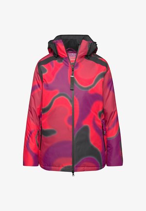 Barevná bunda s vířivým abstraktním vzorem v červené, růžové a černé barvě. Vyrobena z hladkého, voděodolného materiálu s kapsami na zip.