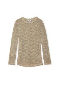 Beiger Strickpullover mit strukturierter Oberfläche. Verfügt über lange Ärmel und einen runden Halsausschnitt. Hergestellt aus weichem, leichtem Material.