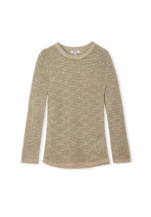 Beżowy sweter dzianinowy o teksturowanym wykończeniu. Posiada długie rękawy oraz okrągły dekolt. Wykonany z miękkiego, lekkiego materiału.