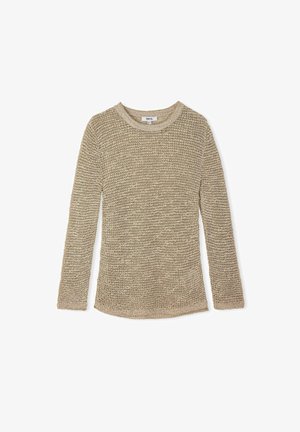 Beżowy sweter dzianinowy o teksturowanym wykończeniu. Posiada długie rękawy oraz okrągły dekolt. Wykonany z miękkiego, lekkiego materiału.