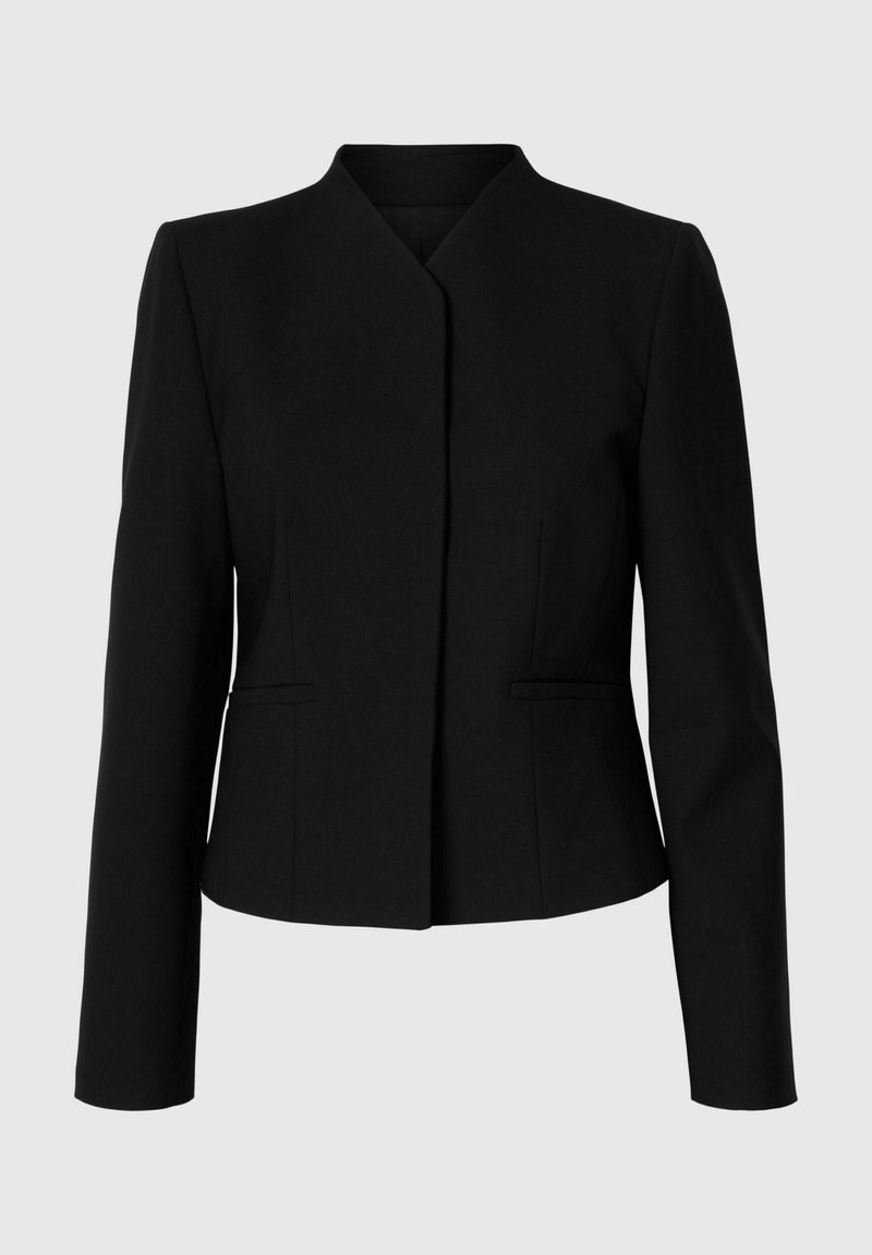 Schwarzertailorierter Damenblazer mit langen Ärmeln, kragenlosem Ausschnitt und verdecktemverschluss, vor einem schlichten hellen Hintergrund gezeigt.