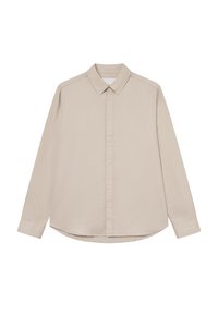 Ανοιχτό μπεζ πουκάμισο με μακριά μανίκια, κολάρο με κουμπιά, μπροστινή κάλυψη και καμπυλωτό στρίφωμα. Φτιαγμένο από απαλό υλικό με απαλή υφή.