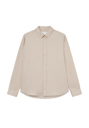 Light beige long-sleeve shirt with a button-down collar, front placket, and curved hem. Made from smooth fabric with a soft texture.