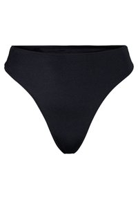 Črni bikinijski spodnji del iz gladkega, raztegljivega materiala. Ima višji izrez in minimalno pokritost, kar ponuja eleganten silhuet.