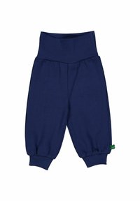 Marineblauwe katoenen broek met een brede geribbelde tailleband en gathered cuffs. Heeft een klein groen accent nabij de linkerkant. 