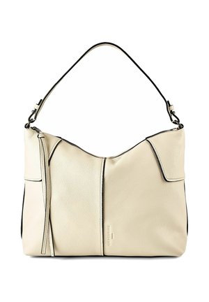 Kremowa torba na ramię ze skóry z czarną lamówką, zamknięciem na zamek i cienkim regulowanym paskiem.