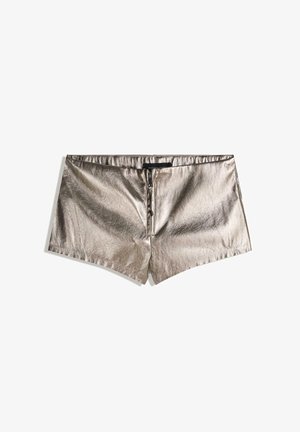 Metallic silver shorts with a smooth texture, hemmed edges, and a front zipper. The design is fitted with a straight cut and minimal detailing.