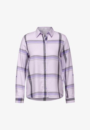 Jasnofioletowa koszula z długim rękawem, zapinana na guziki, w pionowy i poziomy szary kraciasty wzór, z klasycznym kołnierzykiem. Miękka tekstura materiału.