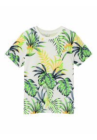 Camiseta de manga corta blanca con estampado de hojas tropicales en verde, amarillo y negro. Tejido suave; cuello redondo; corte relajado.