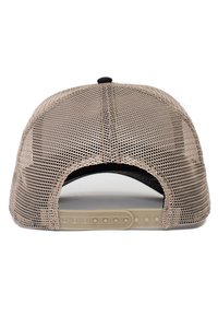 Gorra snapback de malla en tono beige con una correa ajustable de plástico. Presenta un forro de tela negra y un botón redondo en la parte superior.