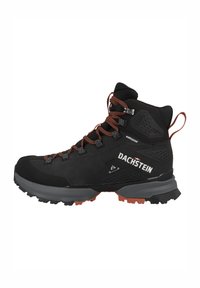 Schwarze Wanderstiefel mit wasserdichtem Obermaterial, orangefarbenen Schnürsenkeln, Gummiaußensohle mit Grip-Muster und Branding an der Seite. Mittelhohe Ausführung für zusätzlichen Halt.