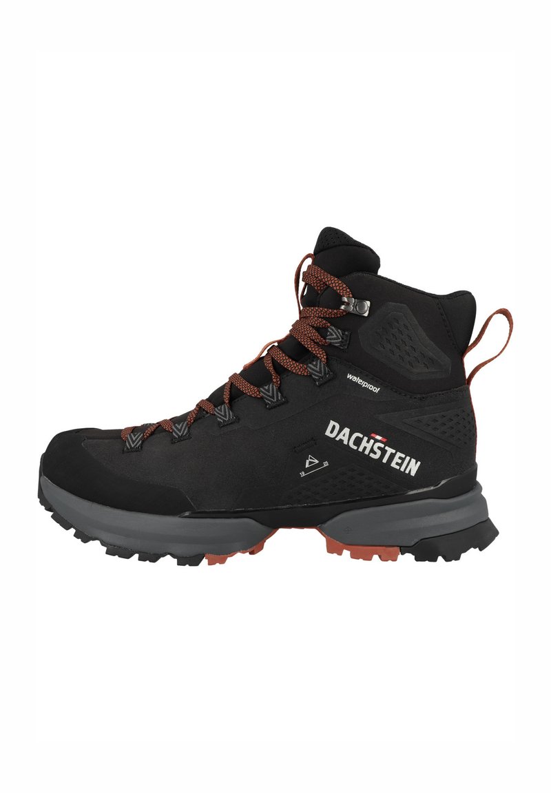 Schwarze Wanderstiefel mit wasserdichtem Obermaterial, orangefarbenen Schnürsenkeln, Gummiaußensohle mit Grip-Muster und Branding an der Seite. Mittelhohe Ausführung für zusätzlichen Halt.