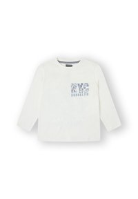 Camisa de manga larga blanca con un diseño gráfico azul que incluye el texto "NYC" y "BROOKLYN". Material de algodón suave con un cuello redondo.