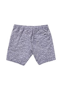 Men's swim shorts in grey fabric with a white rose pattern, featuring an elastic waistband and a back pocket with a small logo tag.