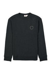 Sudadera negra de algodón con mangas largas, cuello redondo, puños acanalados y un pequeño logotipo circular en el pecho. Textura suave.