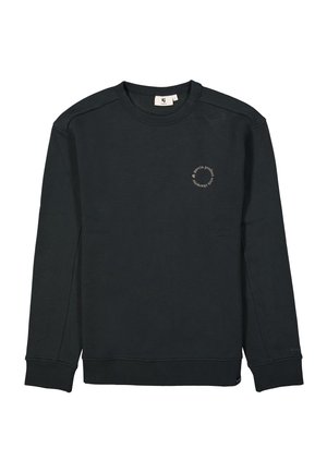 Sudadera negra de algodón con mangas largas, cuello redondo, puños acanalados y un pequeño logotipo circular en el pecho. Textura suave.