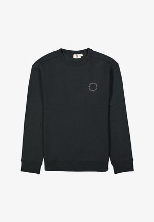 Sudadera negra de algodón con mangas largas, cuello redondo, puños acanalados y un pequeño logotipo circular en el pecho. Textura suave.